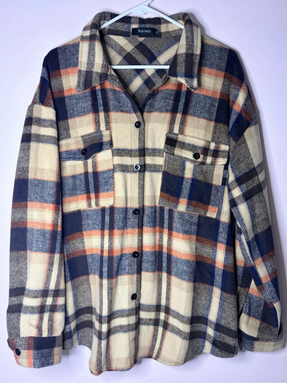 Automet Oversized Plaid Flannel Shacket Blue & Cream XL